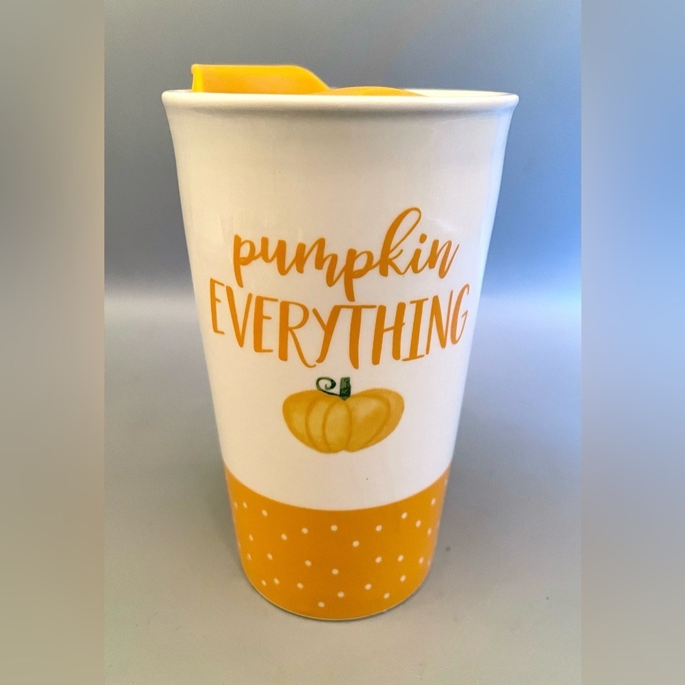 NWT Pumpkin Everything Travel Mug 14.5oz Ceramic Tumbler & Lid Whimsical Fall